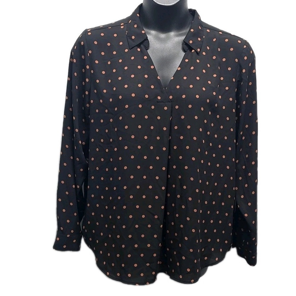 Maurices Blouse Black Brown Polka Dot Long Sleeve V Neck Collared sz XXL Office